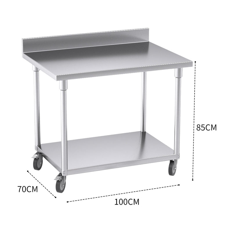 Stainless Steel Catering Prep Table 100cm With Backsplash Caster Wheels