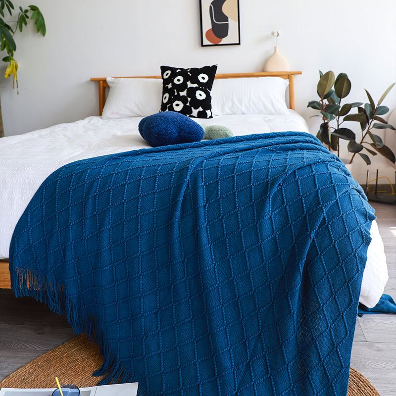 Royal Blue Diamond Knitted Throw Blanket 100 Acrylic 130x230cm with Tassels