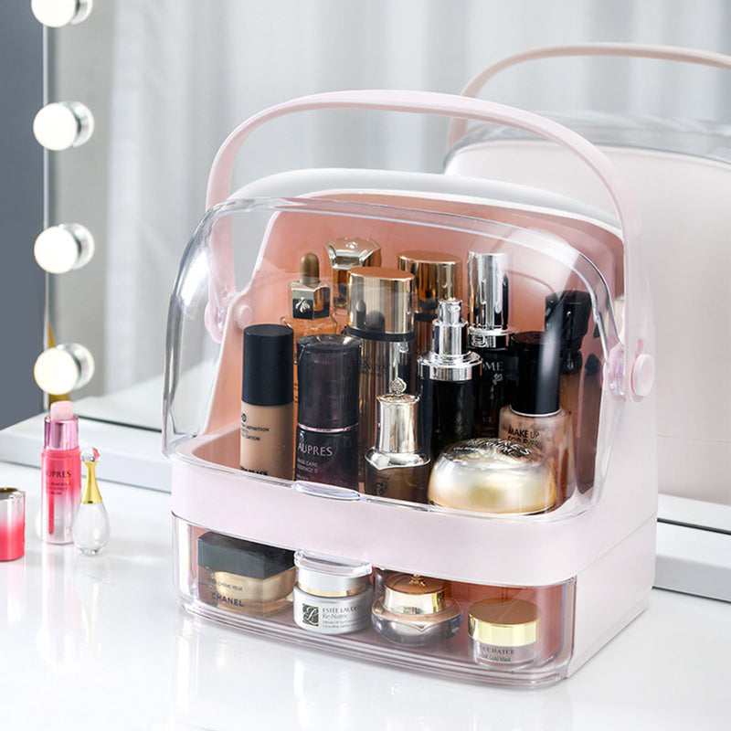 2 Tier Pink Countertop Makeup Organizer Plastic Abs Clear Lid 29x21.5x32cm