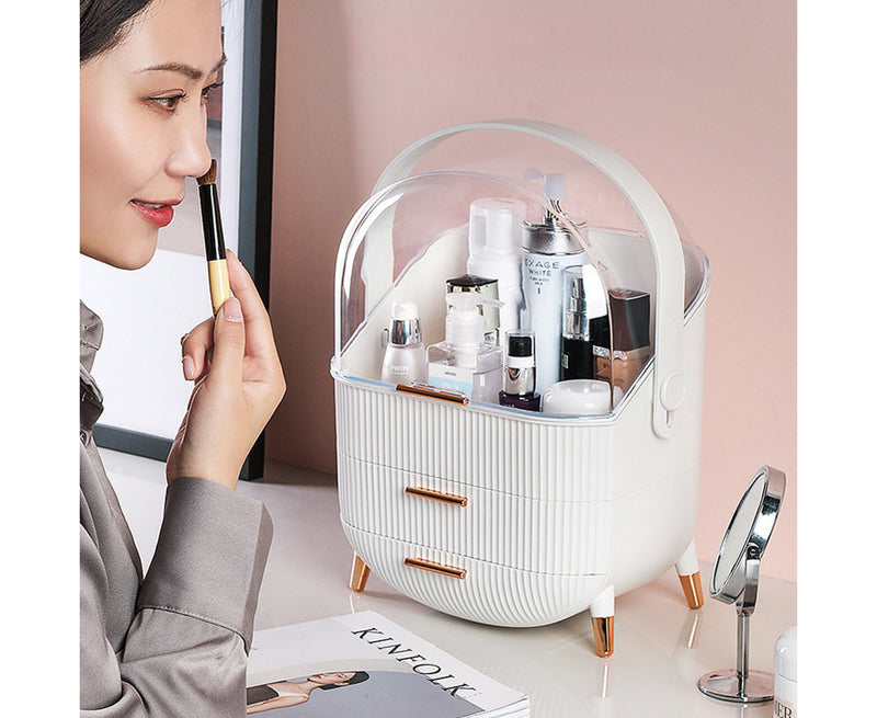 2X 29cm White Plastic Countertop Makeup Organiser Dustproof Lid With Handle