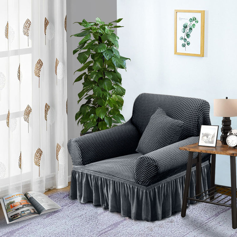 1-Seater Dark Grey High Stretch Ruffle Skirt Polyester Sofa Cover Protector