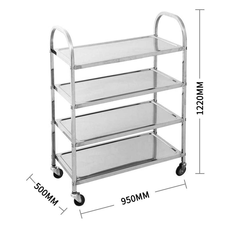 4 Tier 18/10 Stainless Steel Kitchen Cart 950x500x1220 Tpr Wheels