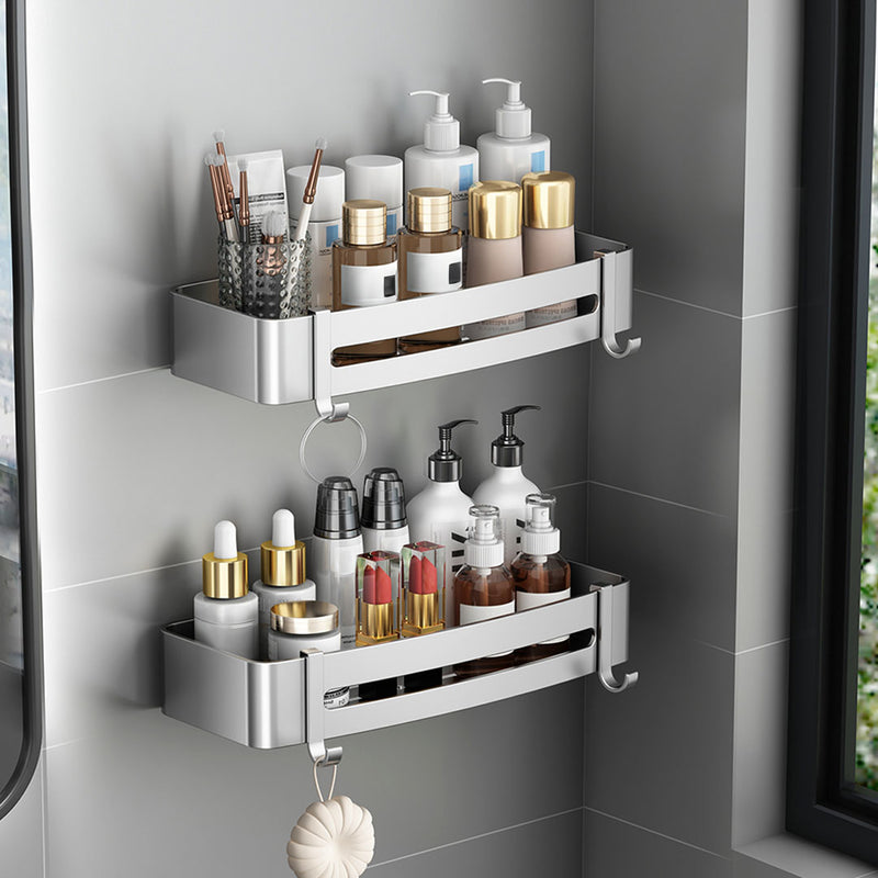 2X Silver Aluminum Wall Mounted Bathroom Shelf Rack With Hooks 33x15x6cm