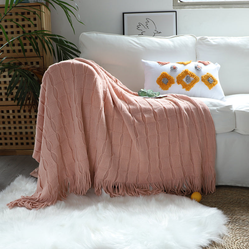 Pink Textured Knitted Throw Blanket Acrylic 130x170cm Cozy Fringes Home Decor