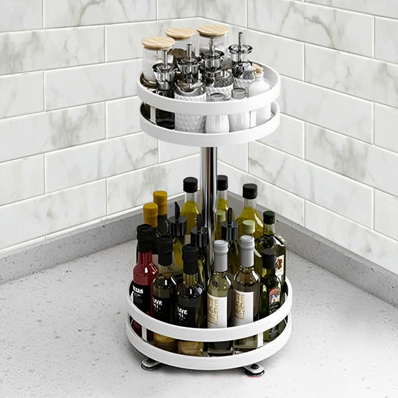 2X 2 Tier Round Rotating Spice Rack Carbon Steel 25cmx25cmx43cm White Non Slip