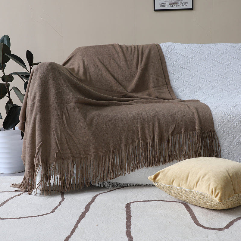 Acrylic Knitted Throw Blanket 130cmx220cm Fringed Cozy Coffee