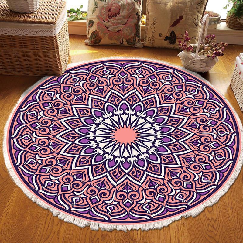 Mandala Round Carpet 90cm Purple Polyester Anti-Slip Doormat Bedroom Living Room
