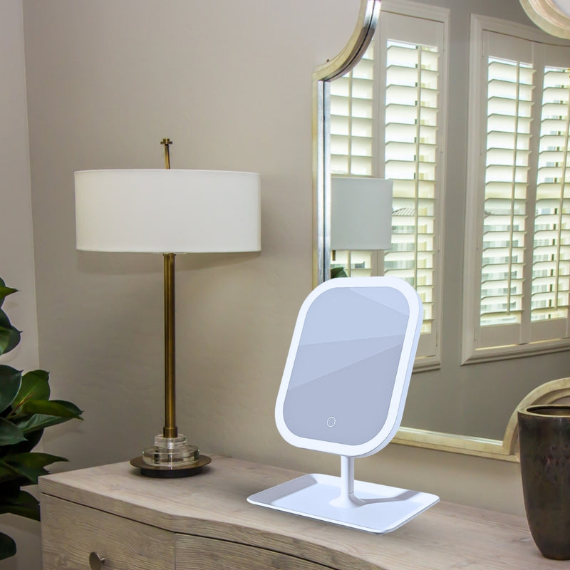 26cm White Square Led Makeup Table Vanity Mirror Usb Powered Tricolor Dimmable