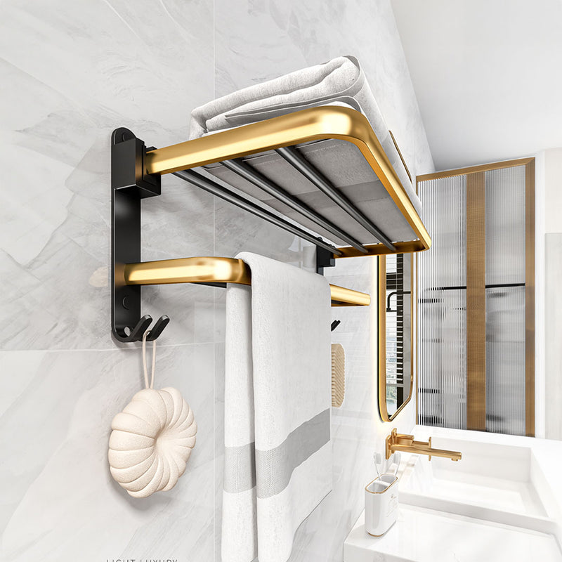 2X 62cm Wall Mounted Double Pole Aluminum Towel Rack Black Gold With Hooks