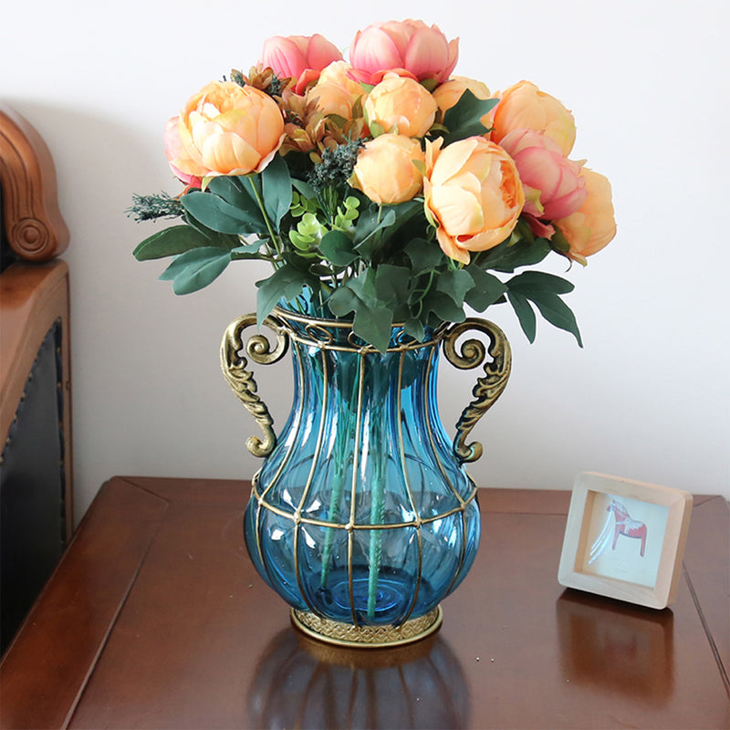 Blue Glass Flower Vase Two Metal Handles Gold Accents 10cm x 14cm x 26cm