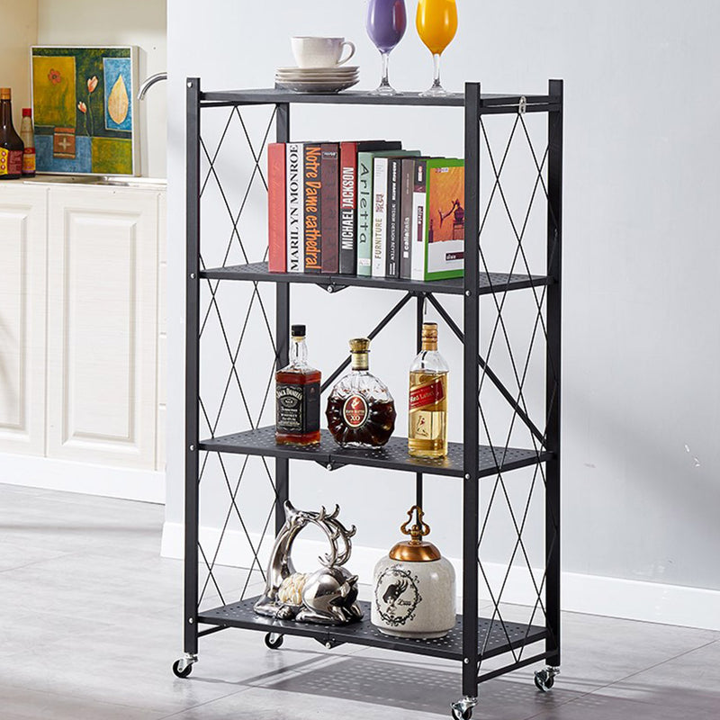 4 Tier Black Steel Foldable Kitchen Cart With Wheels Portable Storage Shelves