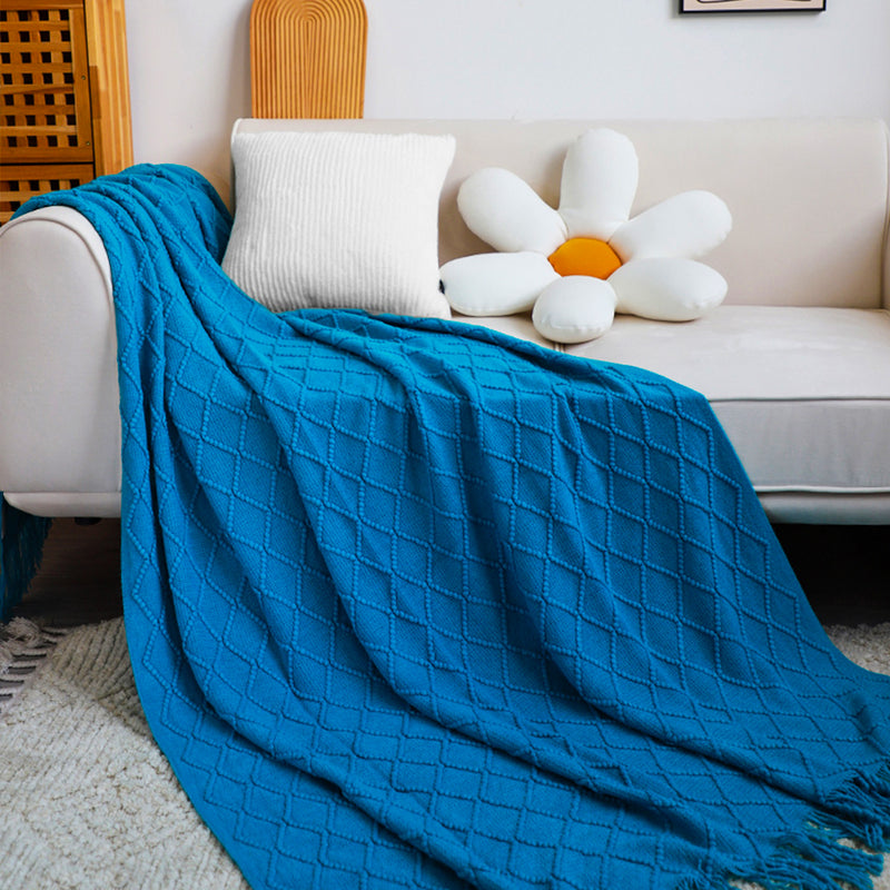 2X Blue Diamond Pattern Throw Blanket 100% Acrylic 130cmx230cm Tassels