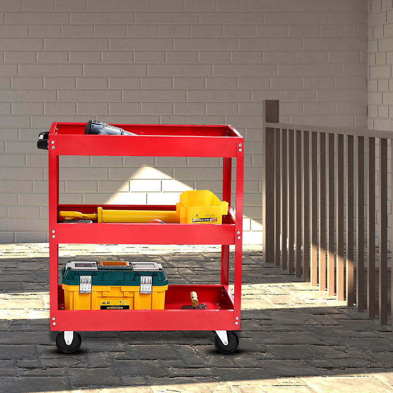 2 Tier Tool Cart Cold-rolled Steel Portable Utility Trolley Red 25kg Capacity