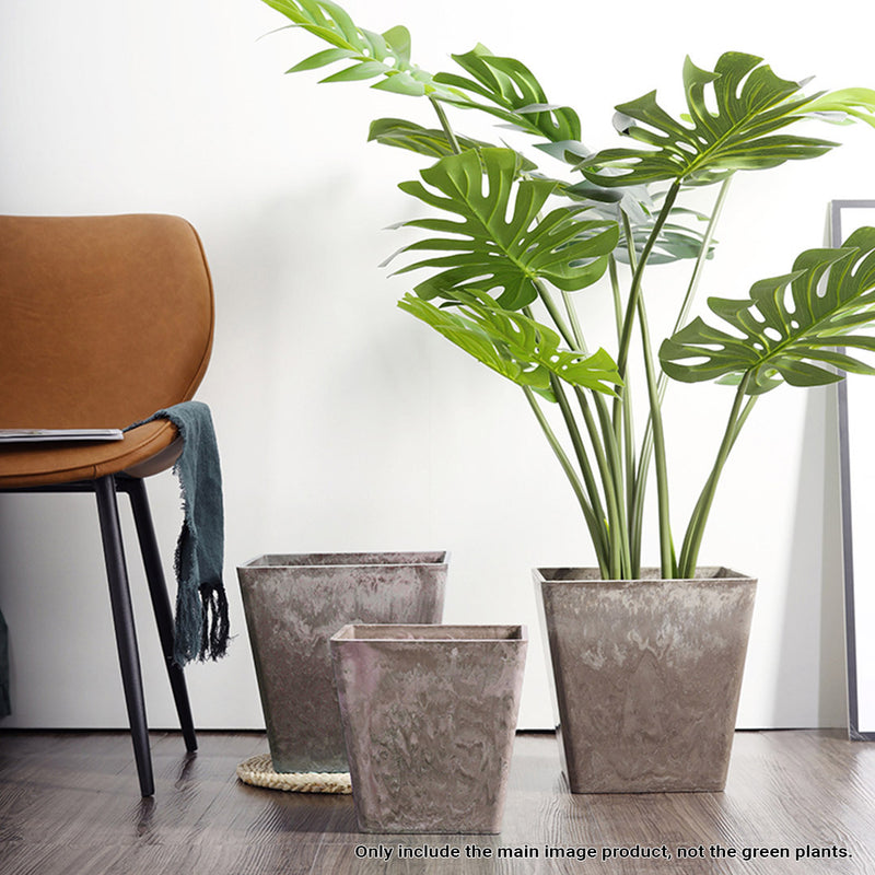 2X 27cm Sand Grey Square Resin Tapered Planter Concrete Look Home Office
