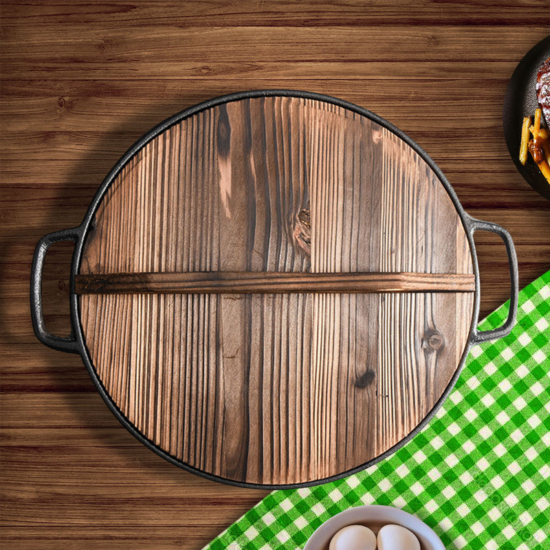 Round 29cm Cast Iron Deep Skillet Pan Pre Seasoned Non Stick Wooden Lid Black