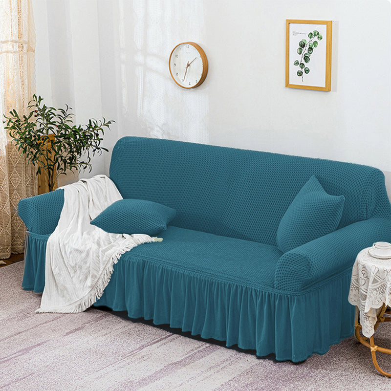 4-Seater Blue Sofa Cover Ruffled Skirt Stretch Couch Protector Polyester