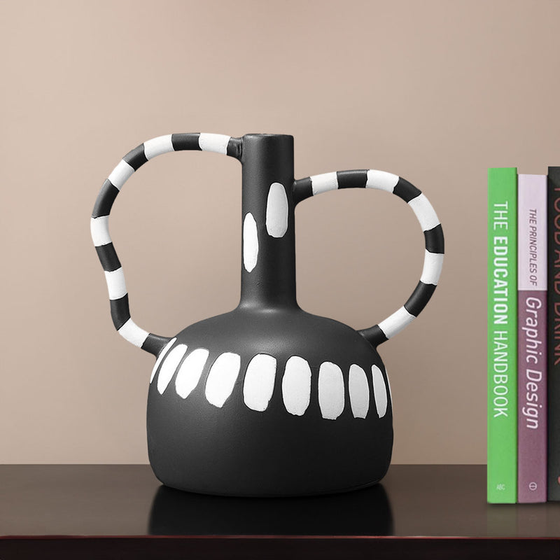 Ceramic Ornament Vase 26.5x17x25cm Polka Dot Handmade Black And White