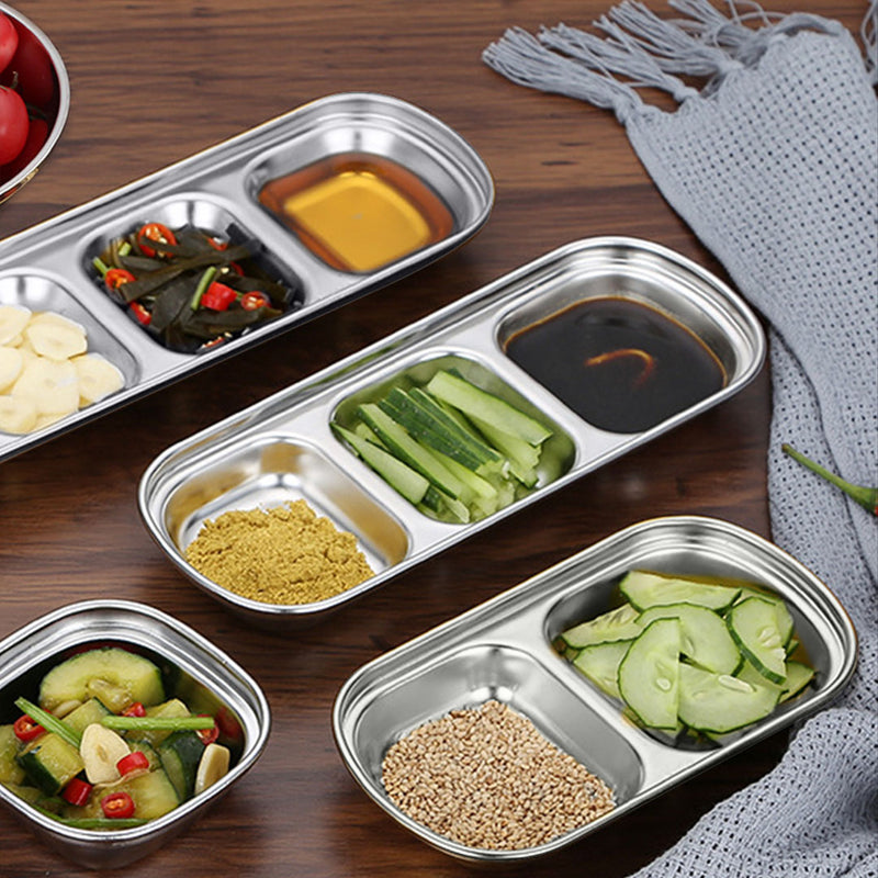 3 Compartment Stainless Steel 20.5cm Divided Sauce Dish Silver 4 Pieces