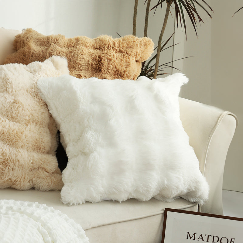 2X 50cm White Faux Rabbit Fur Pillow Luxurious Soft Square Cushion Decor
