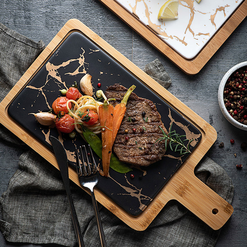 Wood Serving Tray Square 33.5cm Slate Insert Black Removable Center