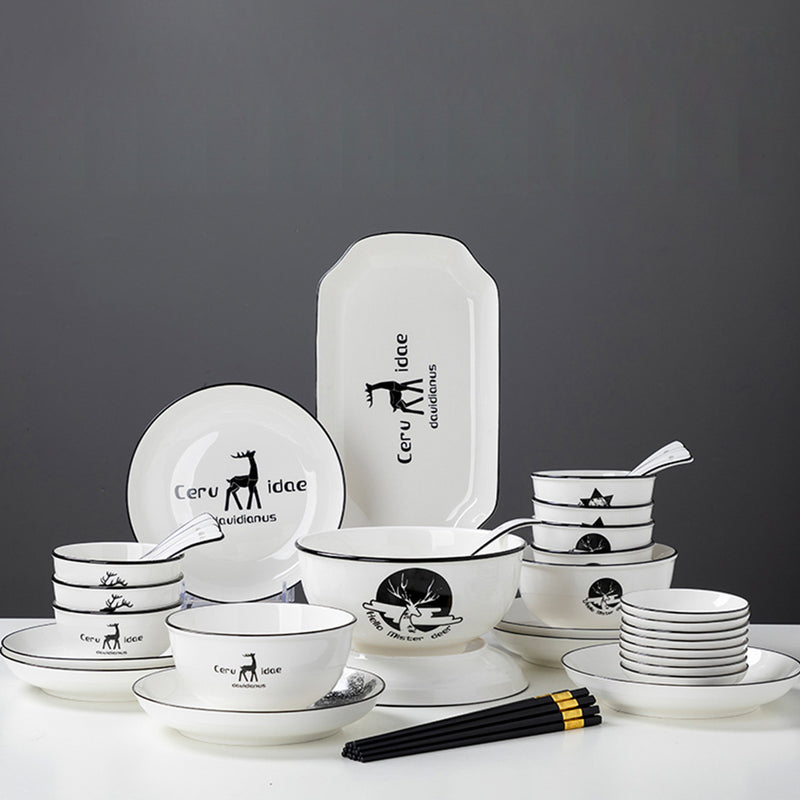 White Ceramic Dinnerware Set of 28 Bowls Plates Antler Design Stackable Eco-Friendly