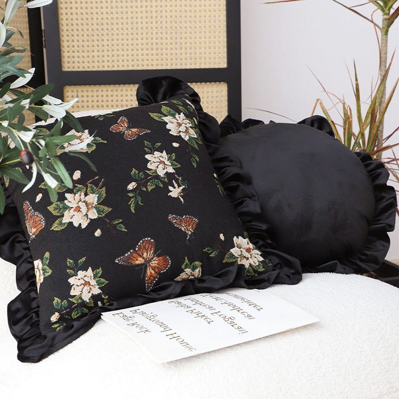 2X 45cm Square Plush Velvet Embroidered Butterfly Throw Pillow Black