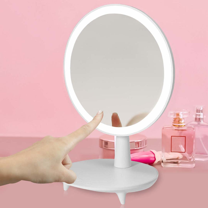 Round White Rechargeable Led Makeup Mirror Plastic 15.5x25.7cm Storage Base Usb