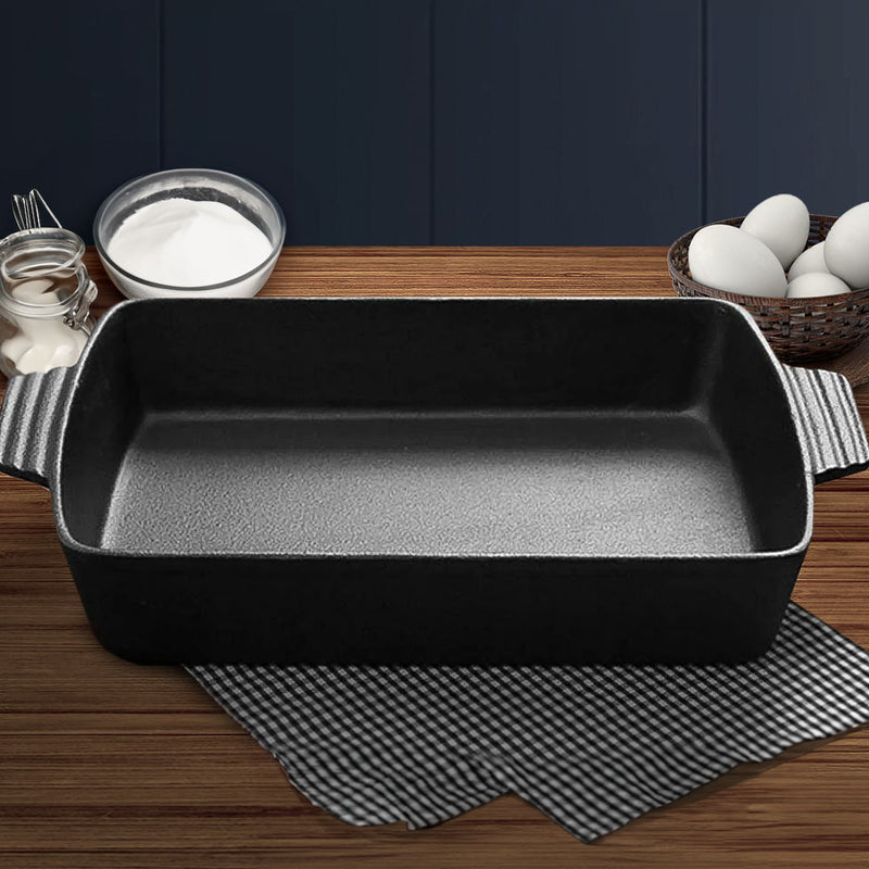 33cm Cast Iron Rectangular Baking Pan With Handles Enameled Interior Non Stick