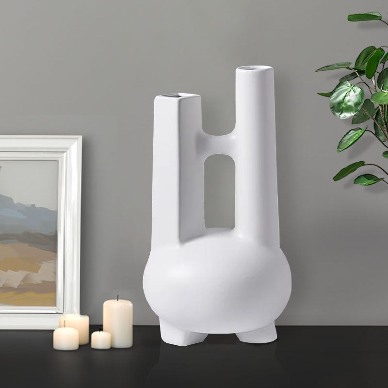 Modern Minimalist Geometric Ceramic Vase Double Tube 20.5x36.5cm White