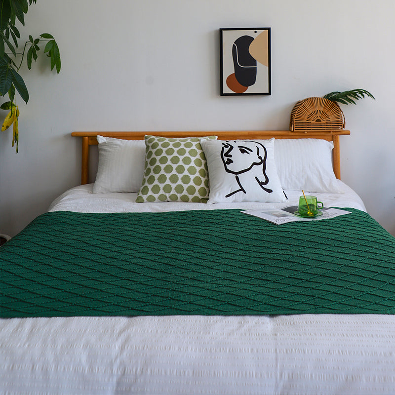 Green Knitted Throw Blanket 130x230cm Diamond Pattern Acrylic With Tassels