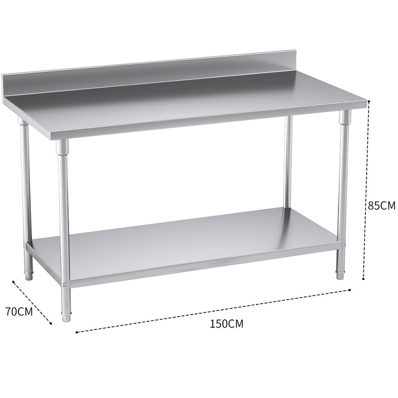 Commercial Stainless Steel Prep Workbench With Backsplash 1500mm x 700mm x 850mm