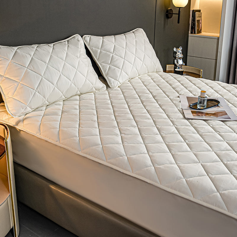 2X White 138cm Quilted Stretchable Mattress Cover with Pillow Cases Polyester