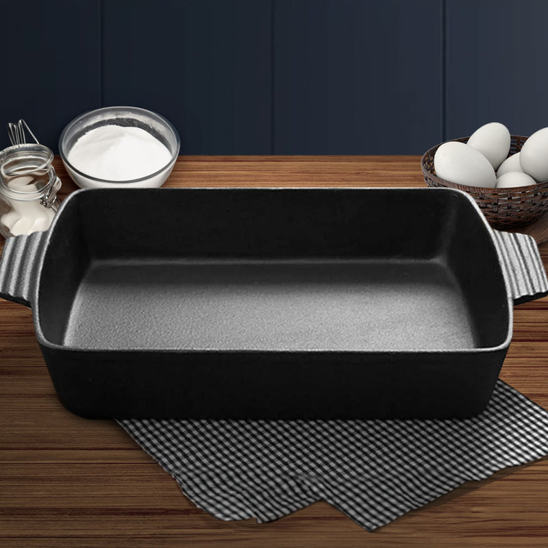 2X Cast Iron Baking Dish 33cm Rectangle Non-Stick Easy Clean Black Handles