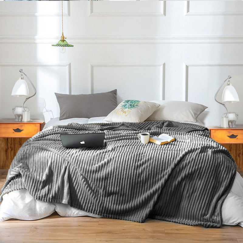 Grey Flannel Polyester Throw Blanket Warm Cozy Striped Lightweight Sofa Bed