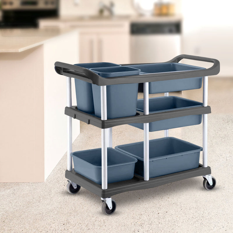 3 Tier Commercial Soiled Dish Cart Five Buckets Aluminum Steel Frame Blue Bins