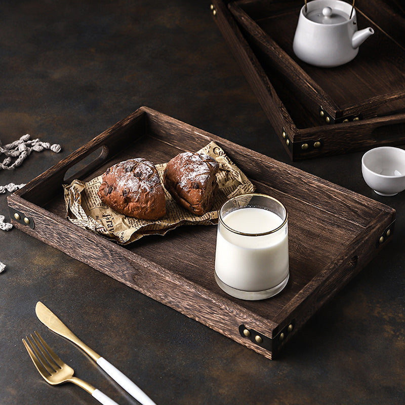 Small Walnut Brown Wood Rectangle Serving Tray Cutout Handles 32cm X 20cm X 4cm