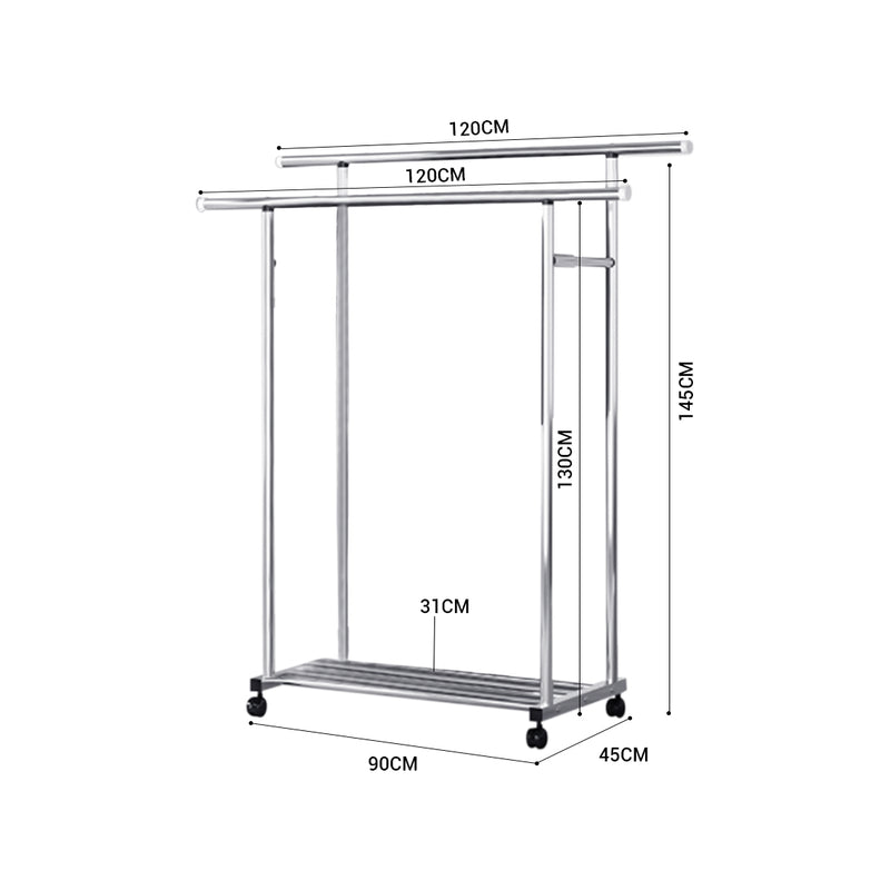 120cm Stainless Steel Clothes Rack Floor-Standing Durable Portable with Wheels