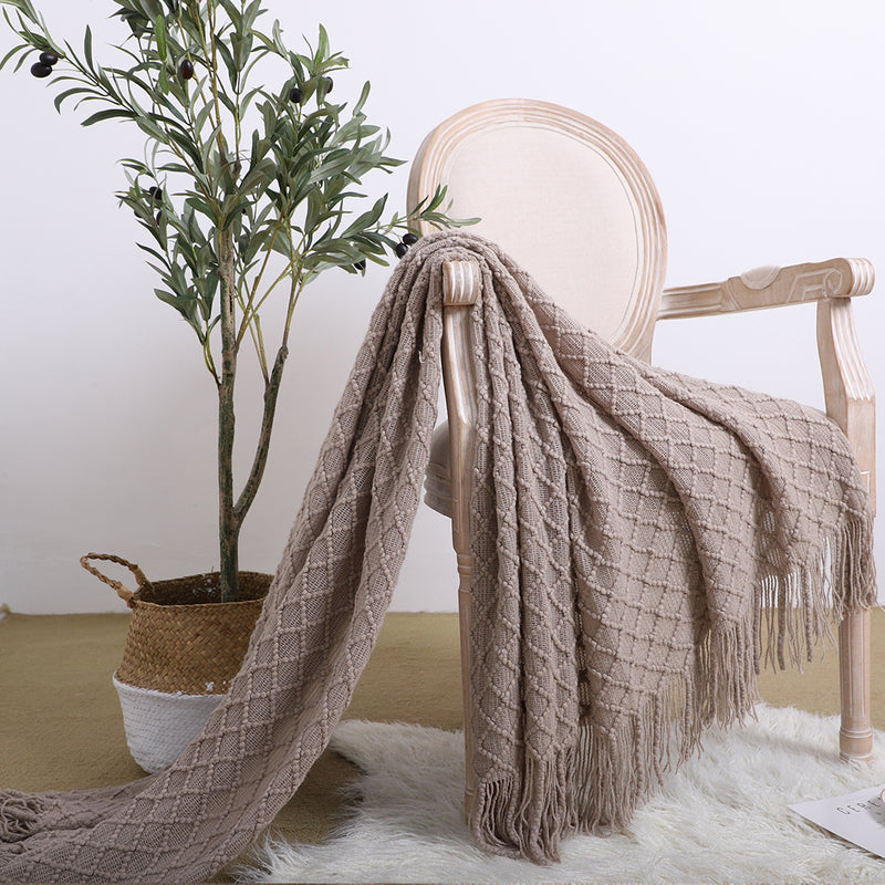 Coffee Knitted Throw Blanket 130x170cm Zigzag Fringe Acrylic Home Decor