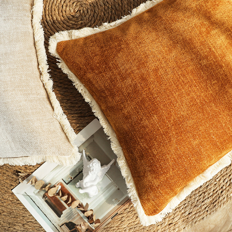 2X Sunset Orange 45X45X14Cm Chenille Polyester Square Throw Pillows Tassels