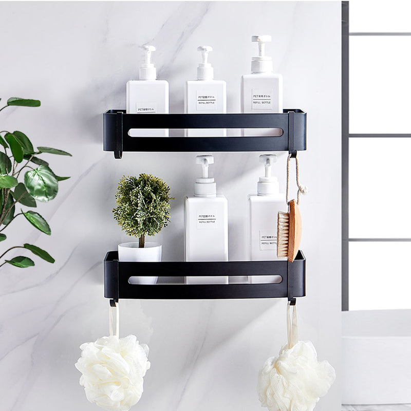 Wall Mounted Aluminum Adhesive Bathroom Shelf Rack With Hooks 33x15x6cm Black