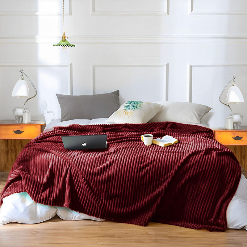 Burgundy Flannel Polyester Throw Blanket 230x200cm Lightweight Striped Pattern