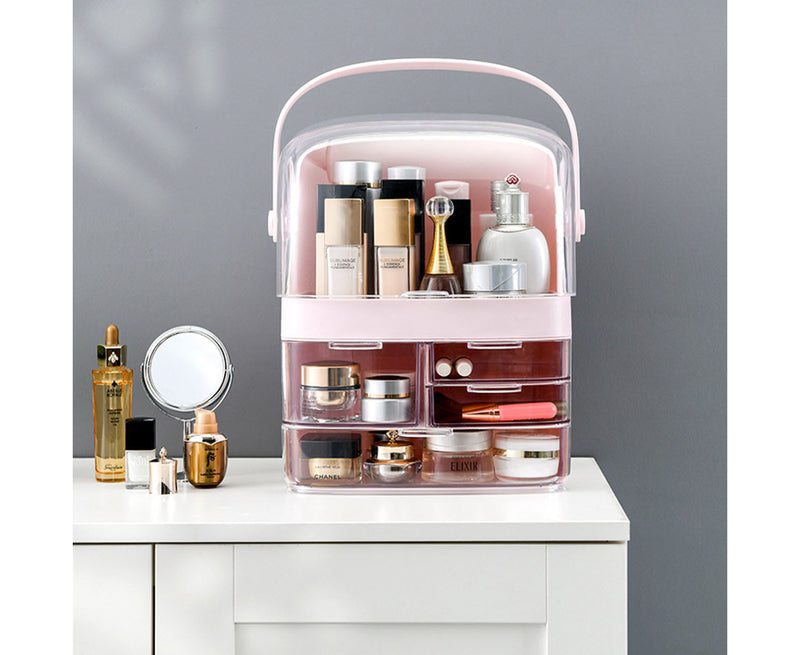 2X 3 Tier ABS Plastic Countertop Makeup Organizer Dustproof Lid Handle Pink