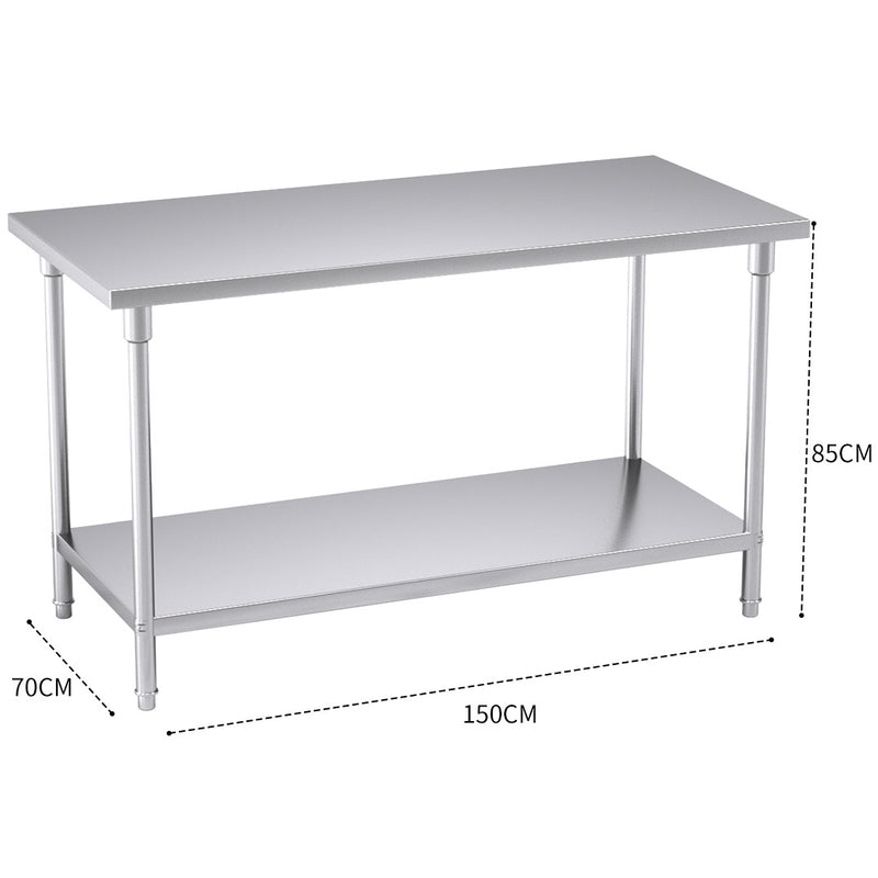 Commercial Stainless Steel Kitchen Prep Bench 150x70x85cm Heavy Duty Adjustable