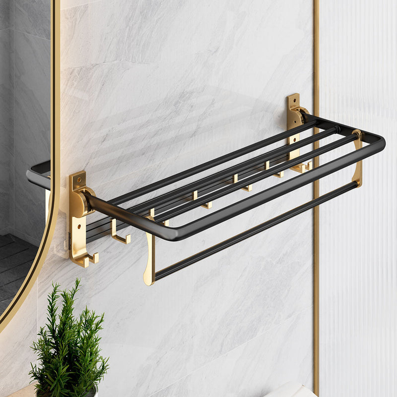 2X Wall-Mounted Aluminum Towel Holder 63cm Black Gold With Hooks Waterproof