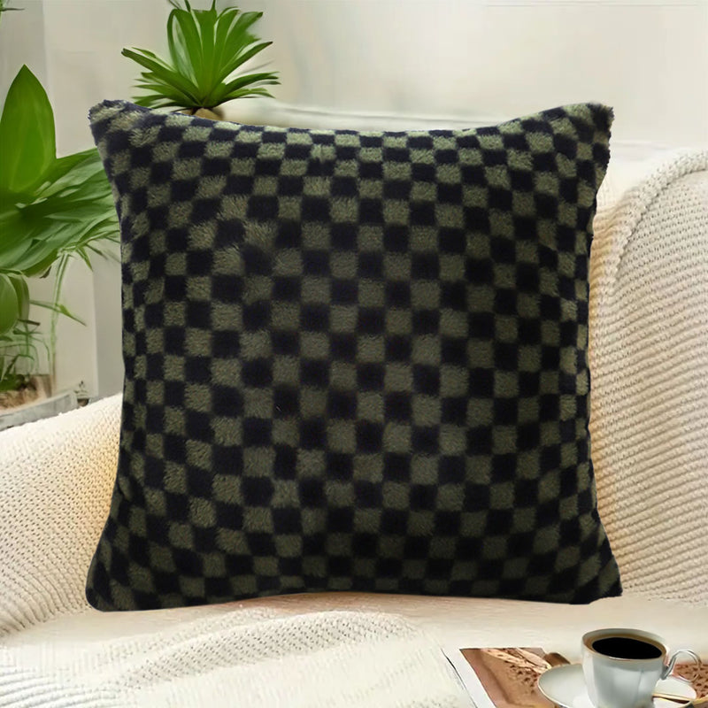 2X Velvet Square Throw Pillow 45cm Dark Green Checkered Soft Sofa Cushion