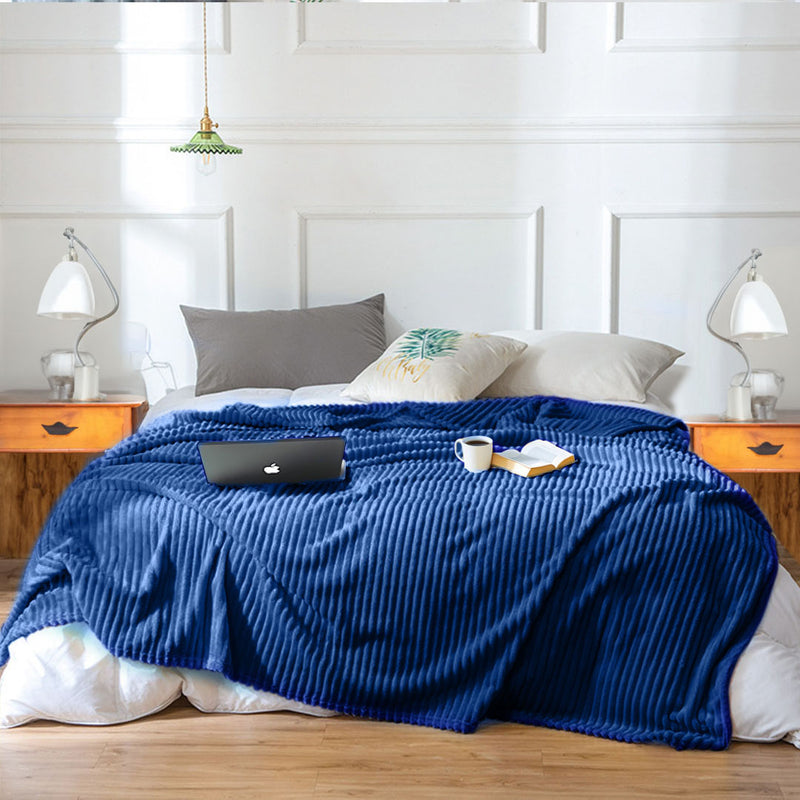 2X Blue Thin Flannel Throw Blanket 200x230cm Warm Cozy Striped Pattern Fleece