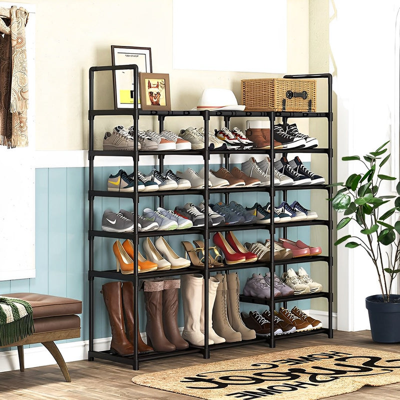19 Shelf Shoe Storage Rack Black Plastic Coated Iron Space Saving Portable