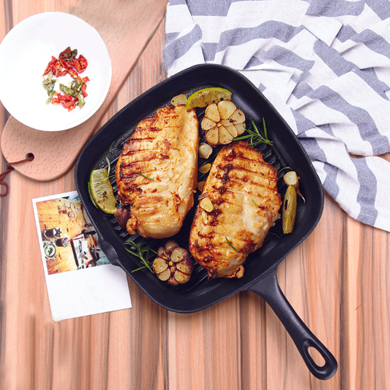 Square Ribbed Cast Iron Fry Pan Skillet 23.5cm Nonstick With Handle Black