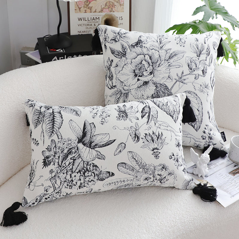 2X 35cm Throw Pillow Black White Floral Print Tassel Accents Polyester Home Decor