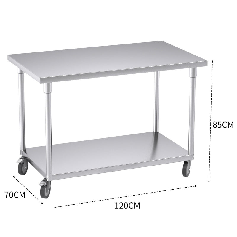 Stainless Steel Catering Workbench 120cm with Wheels and Storage Shelf